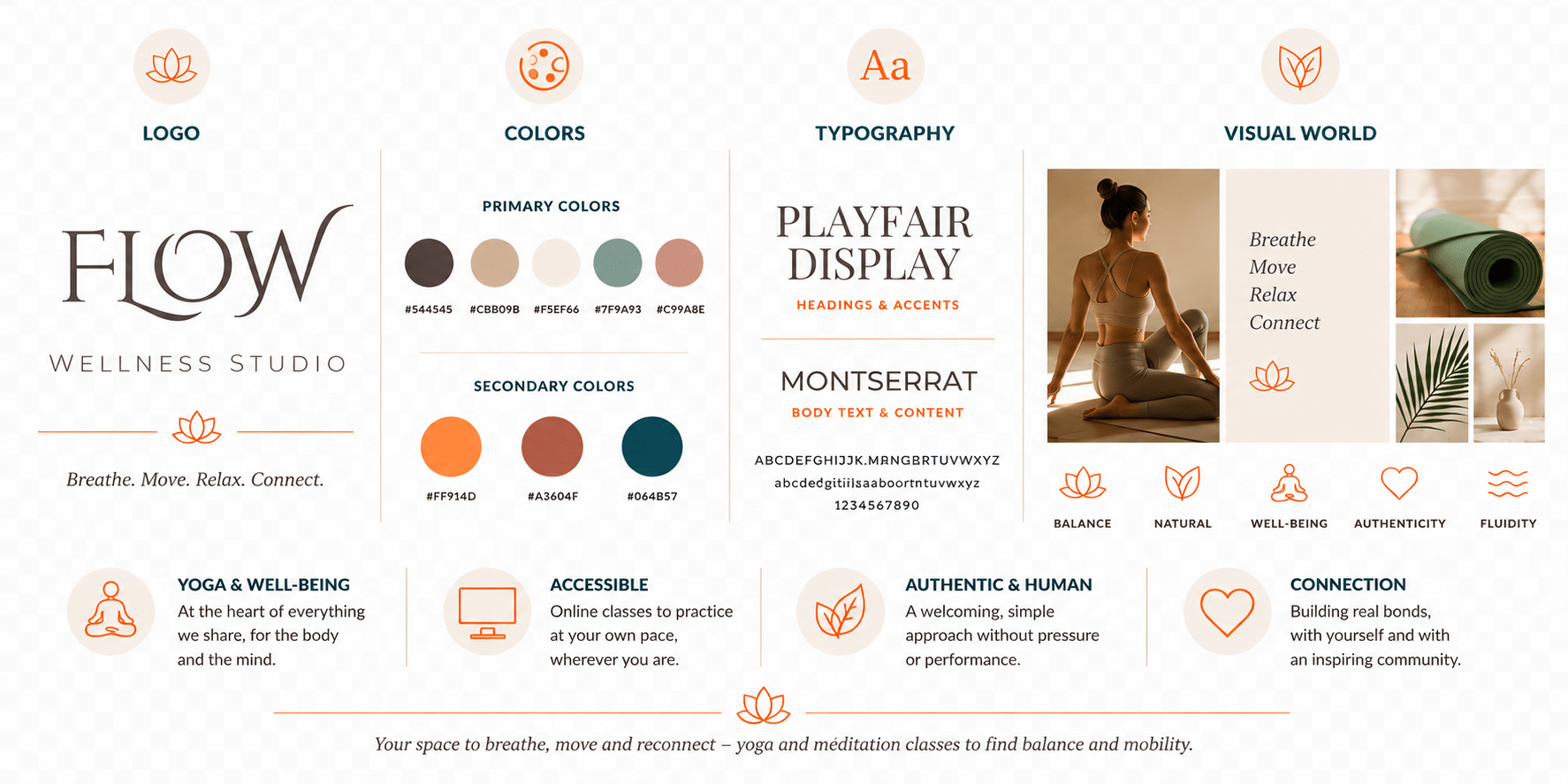 Flow Studio visual identity featuring logo, color palette and typography